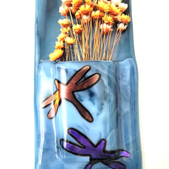 New Blue Glass Hanging Wall Vase with 2 Dichroic Glass Dragonflies and Dried Flo - Picture 2 of 5